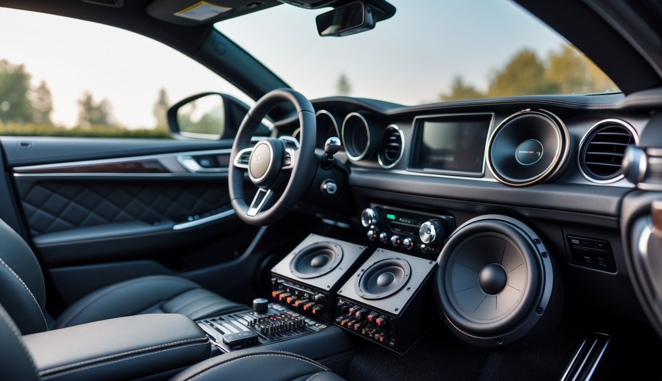 Interior mobil mewah dengan sistem audio berkualitas tinggi yang lengkap dan terpasang rapi.