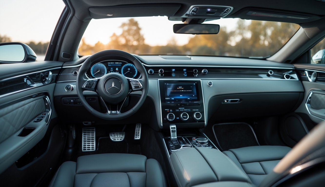 Interior mobil mewah dengan sistem audio canggih yang menampilkan speaker dan subwoofer berkualitas tinggi.