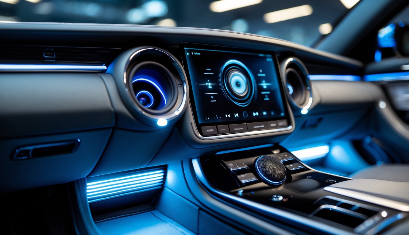 Sistem audio mobil berkualitas tinggi terpasang di dalam mobil mewah dengan speaker modern dan interior elegan.