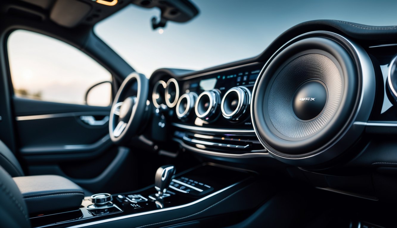 Sistem audio mobil mewah dengan speaker dan subwoofer berkualitas tinggi di dalam mobil modern.