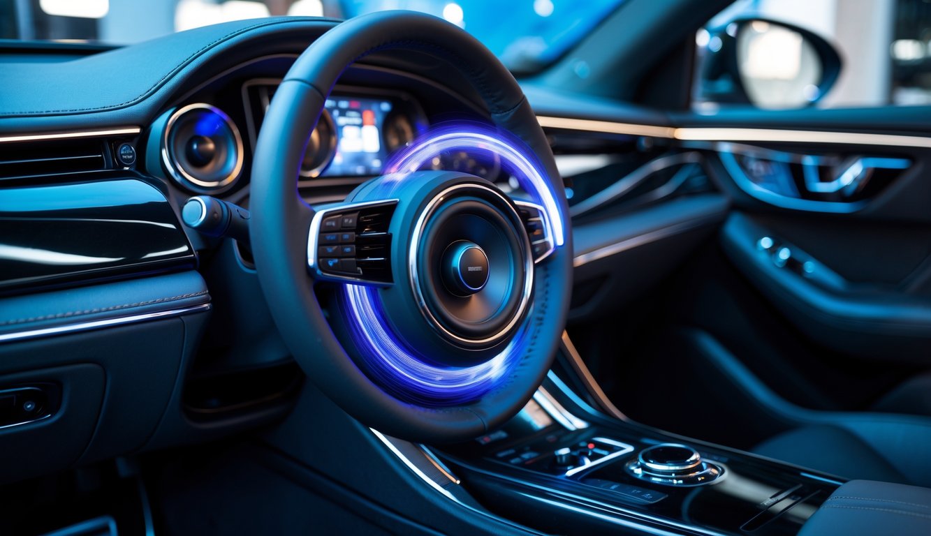 Sistem audio mobil modern berkualitas tinggi terpasang di dalam mobil show car yang bersih dan mengkilap.