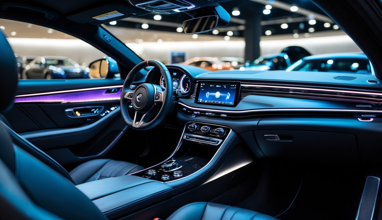 Interior mobil mewah dengan sistem audio berkualitas tinggi dan kursi kulit, di dalam sebuah showroom mobil.