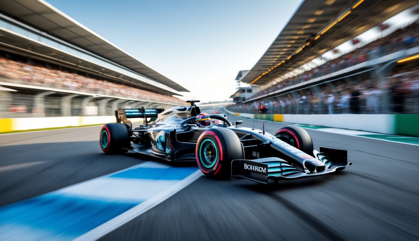 Mobil balap Formula 1 sedang melaju cepat di lintasan balap dengan penonton di tribun dan langit cerah di latar belakang.