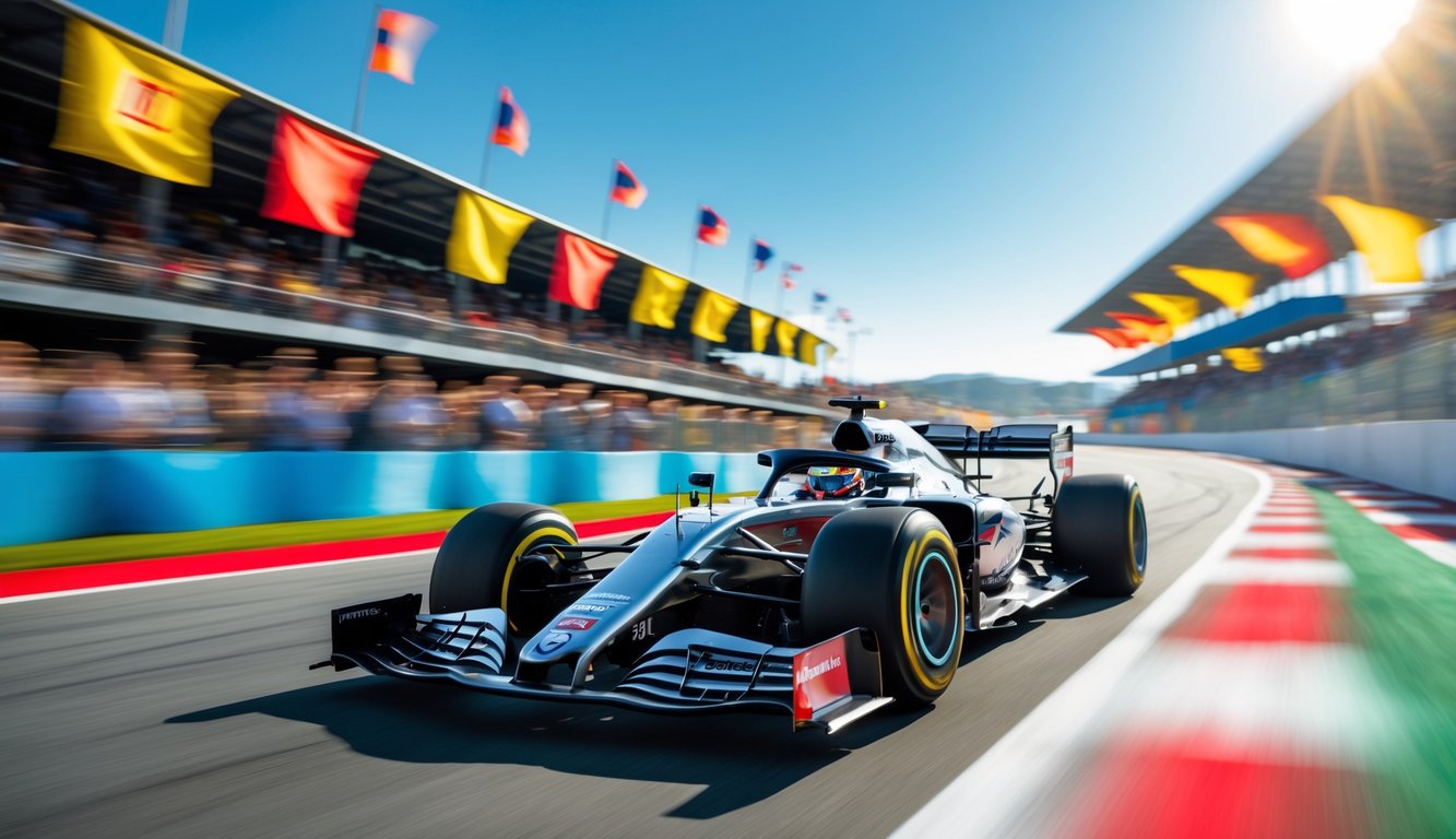 Mobil Formula 1 yang sedang melaju kencang di lintasan balap dengan penonton di tribun dan langit biru di latar belakang.