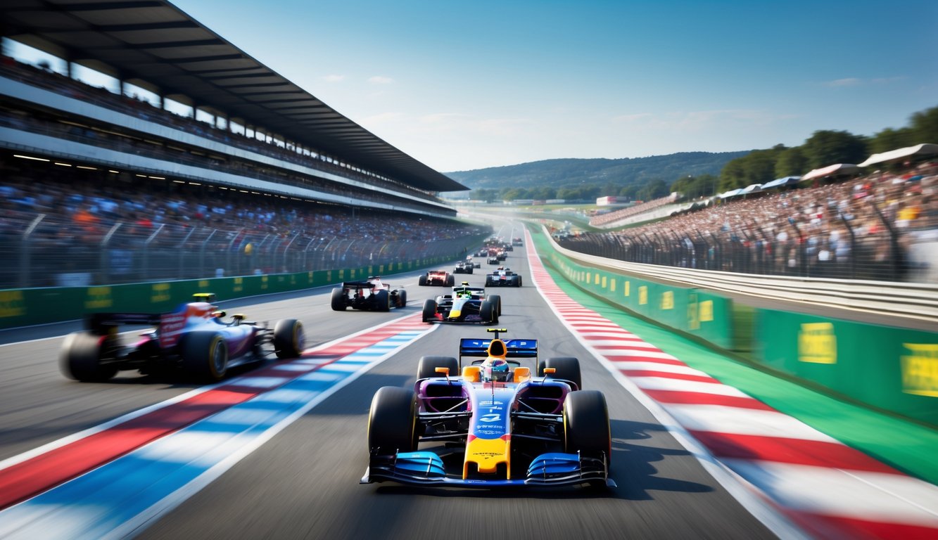 Balapan mobil Formula 1 yang sedang berlangsung di lintasan balap dengan penonton di tribun dan pemandangan latar belakang berupa pepohonan dan bukit.