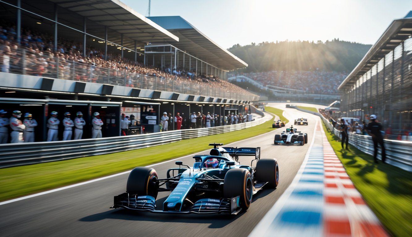 Mobil Formula 1 melaju cepat di lintasan balap dengan tribun penonton penuh di latar belakang.