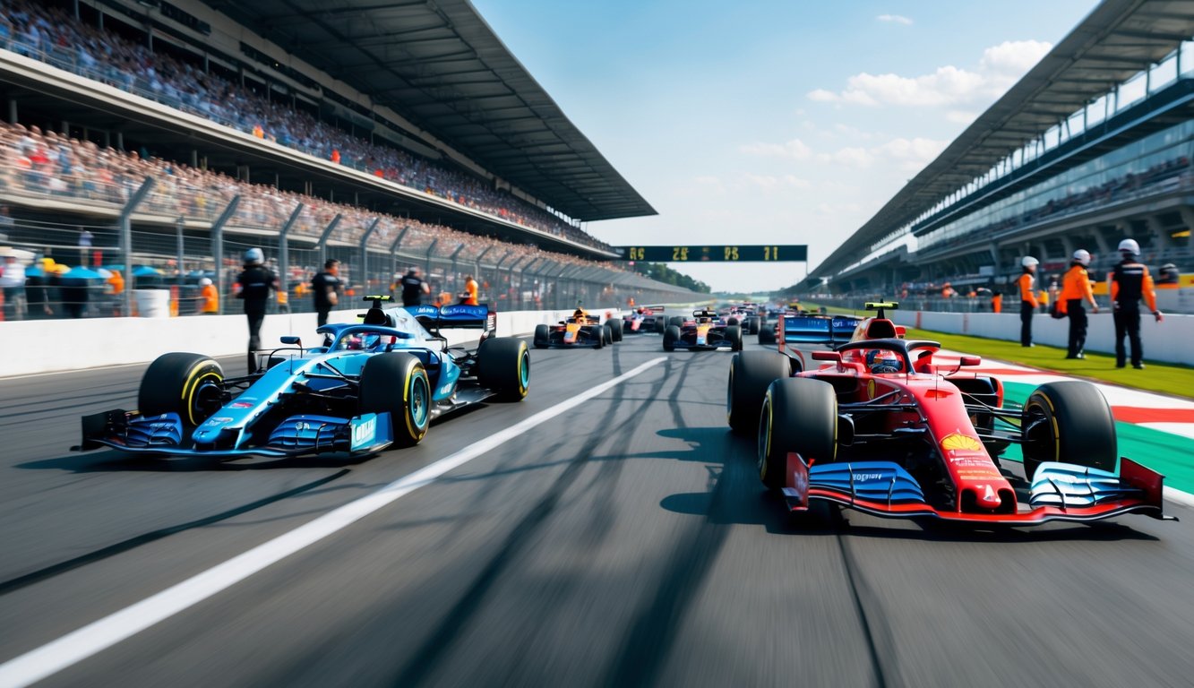 Beberapa mobil Formula 1 sedang balapan cepat di lintasan dengan penonton di tribun dan kru pit di latar belakang.