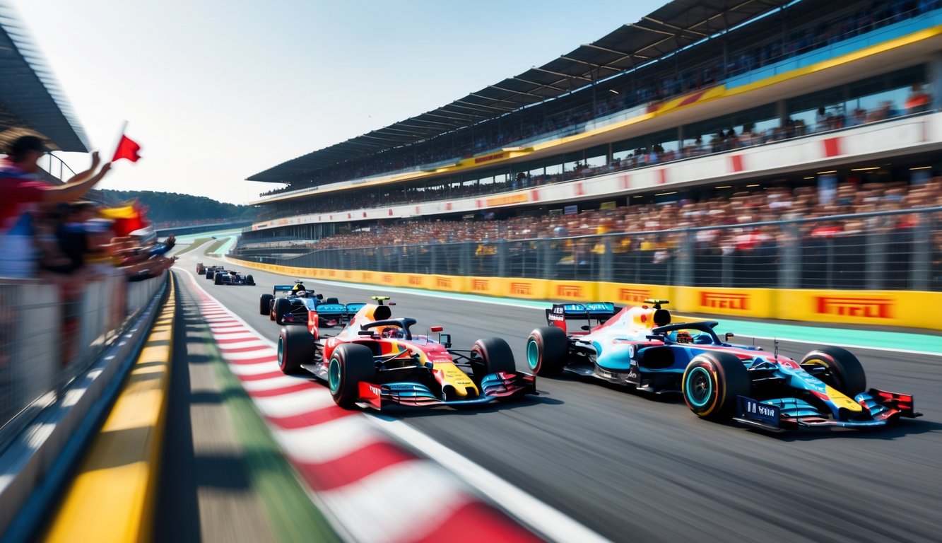 Mobil balap Formula 1 melaju cepat di lintasan dengan penonton yang antusias di tribun.