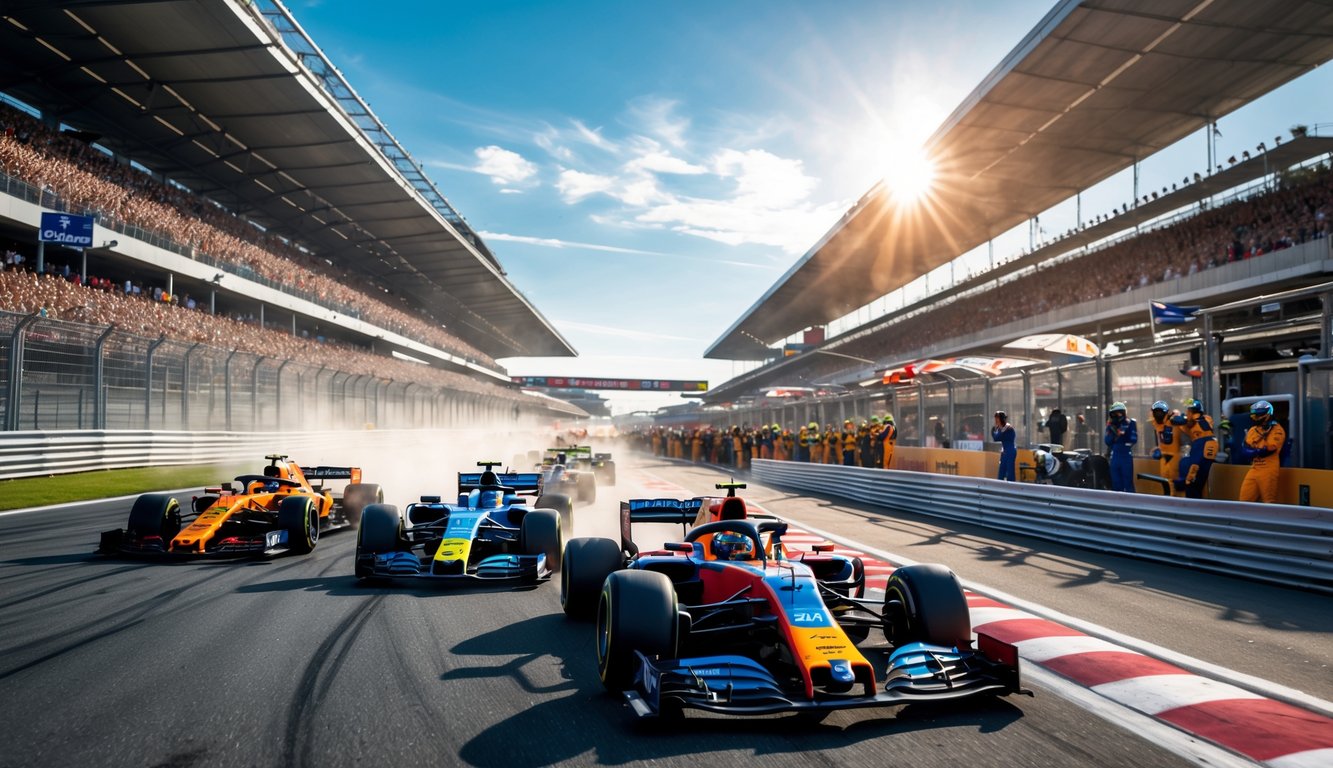 Mobil balap Formula 1 melaju kencang di tikungan sirkuit dengan penonton ramai di tribun.