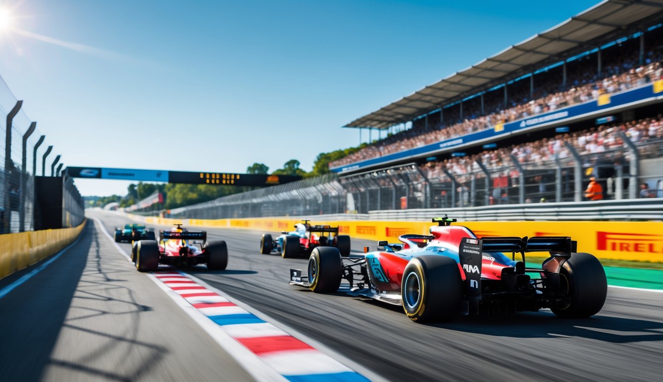 Mobil balap Formula 1 melaju cepat di lintasan dengan penonton ramai di tribun dan langit cerah.