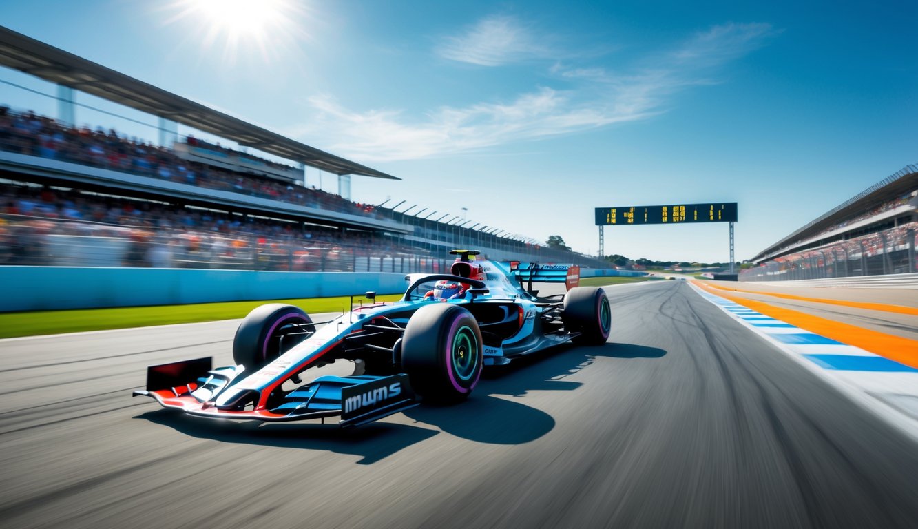 Mobil Formula 1 melaju cepat di lintasan balap dengan penonton di tribun dan langit cerah.