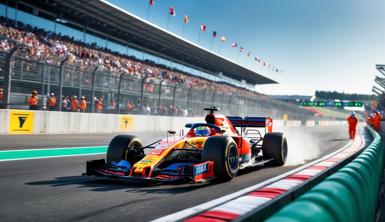 Mobil balap Formula 1 melaju cepat di lintasan sirkuit dengan penonton di tribun yang bersorak.