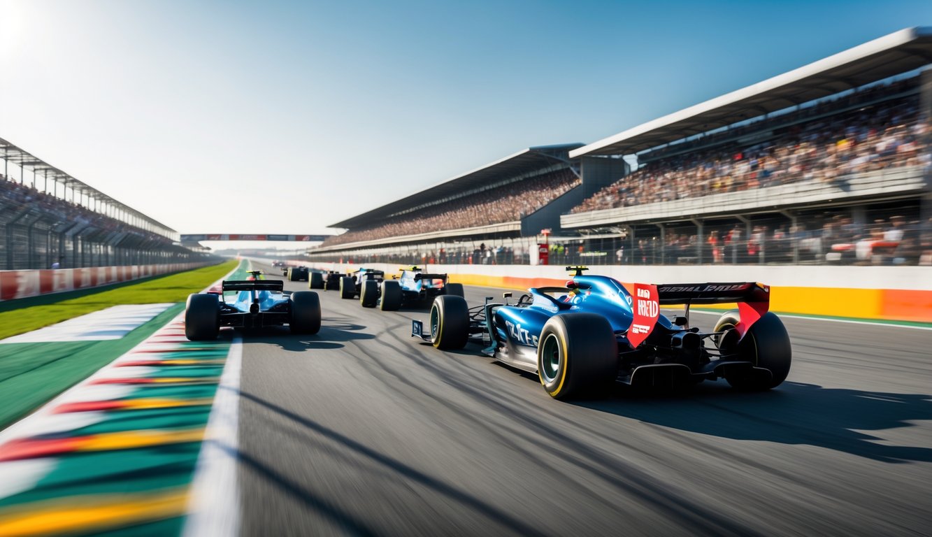 Beberapa mobil Formula 1 sedang melaju cepat di lintasan balap dengan tribun penonton penuh di latar belakang.