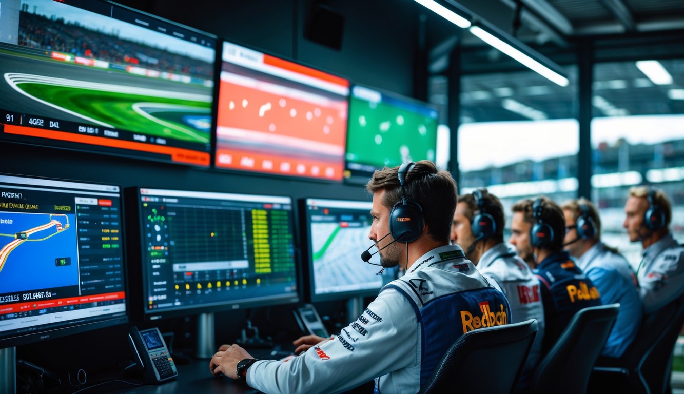Tim insinyur dan ahli strategi sedang berdiskusi di ruang kontrol balapan Formula 1 dengan layar digital menampilkan data balapan.