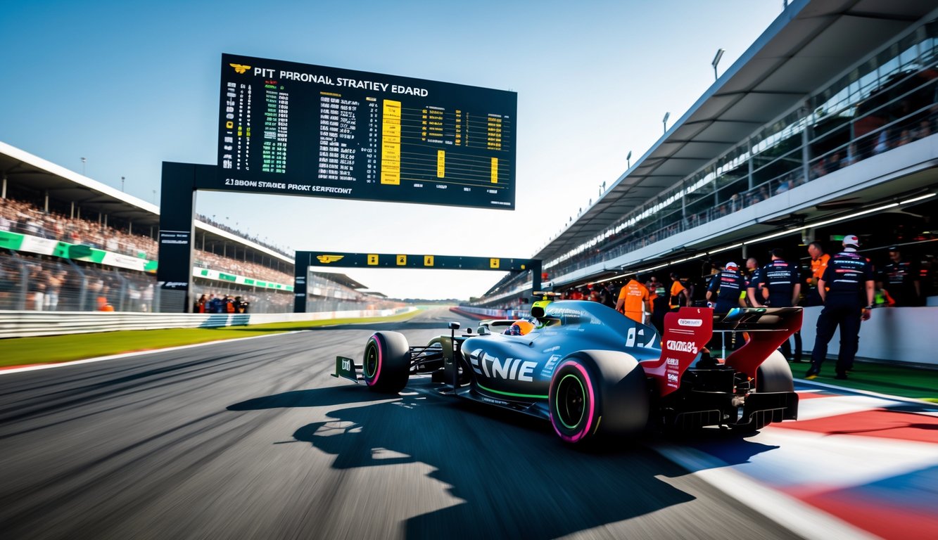 Mobil balap F1 melaju cepat di lintasan dengan kru pit siap membantu, dan papan strategi tim terlihat di latar belakang.