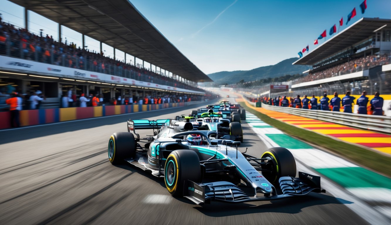 Mobil balap F1 melaju kencang di lintasan dengan penonton dan kru pit di latar belakang.