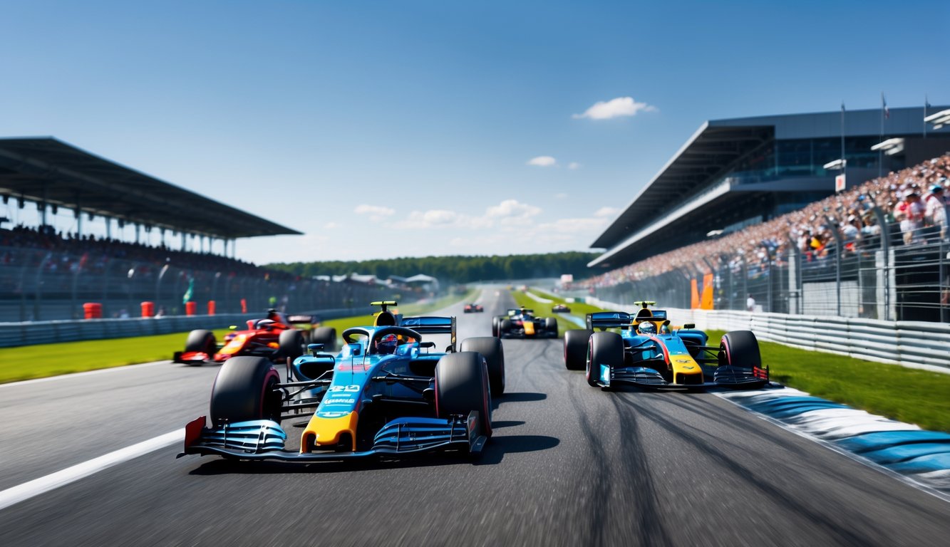 Mobil balap Formula 1 melaju cepat di lintasan dengan penonton di tribun dan pemandangan trek balap di latar belakang.