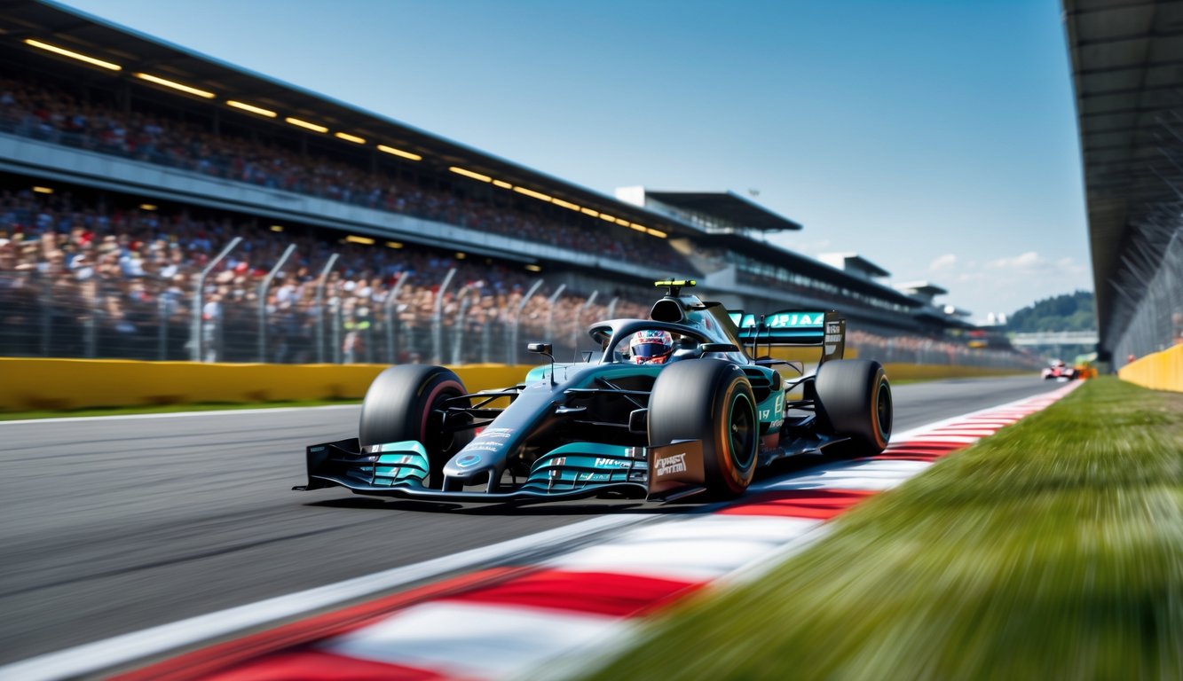 Mobil balap Formula 1 sedang melaju cepat di lintasan sirkuit dengan penonton di tribun.