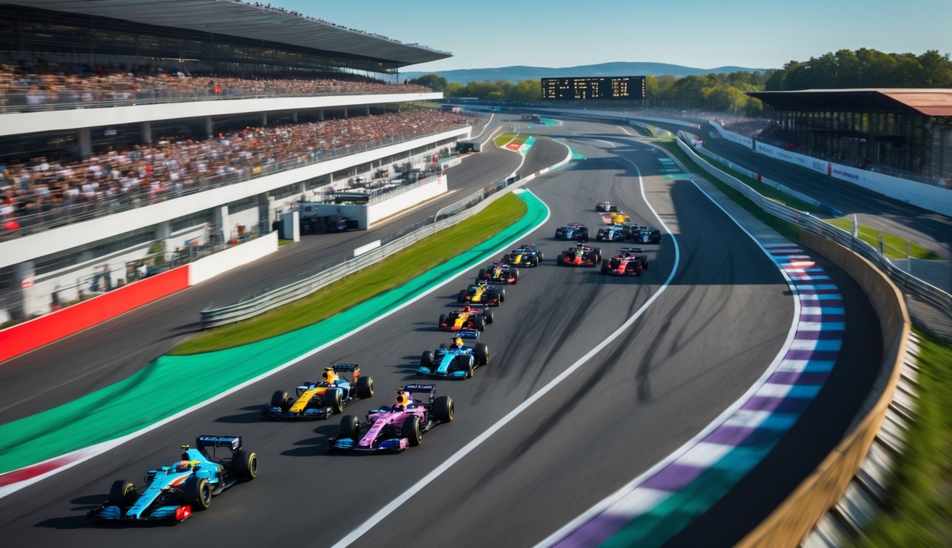 Pemandangan udara dari lintasan balap Formula 1 dengan beberapa mobil balap sedang melaju cepat di sirkuit yang ramai dengan penonton.