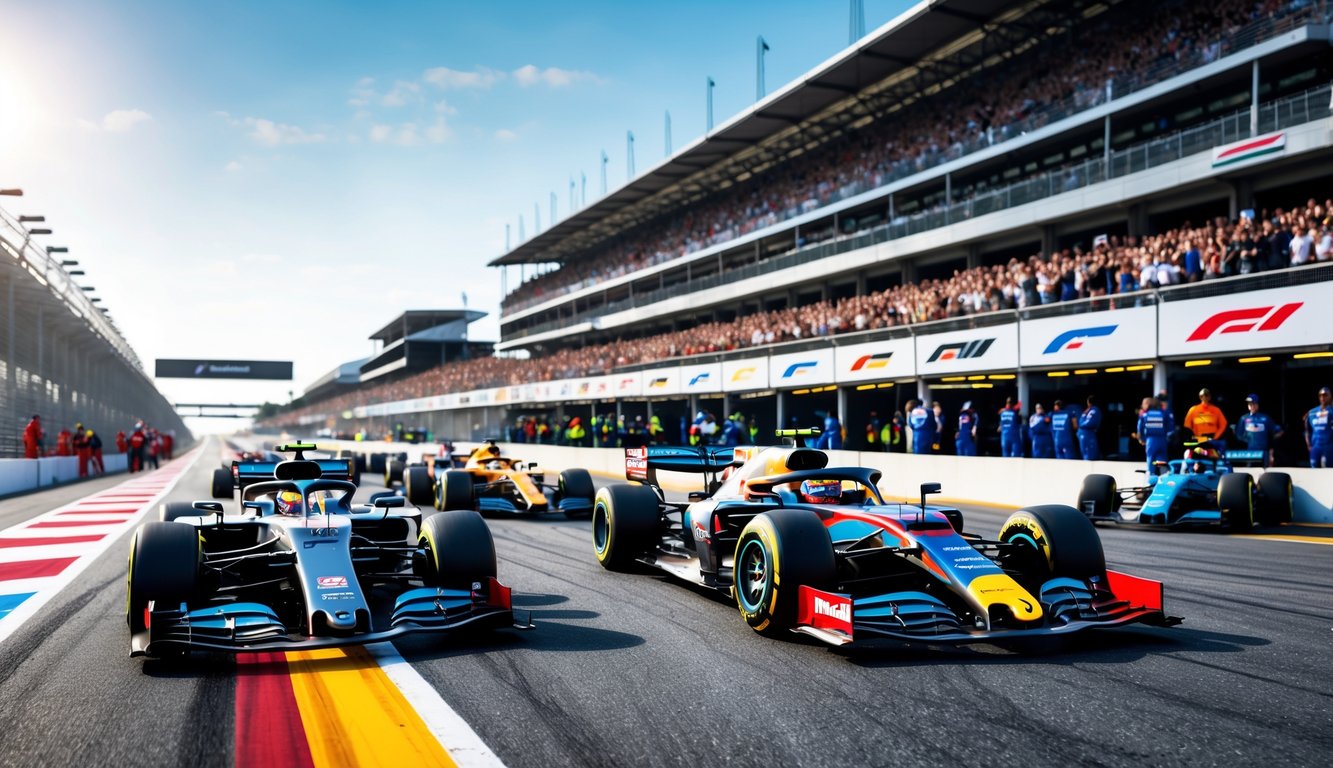 Beberapa mobil Formula 1 modern sedang berlomba di lintasan dengan penonton di tribun dan kru pit yang bersiap di latar belakang.