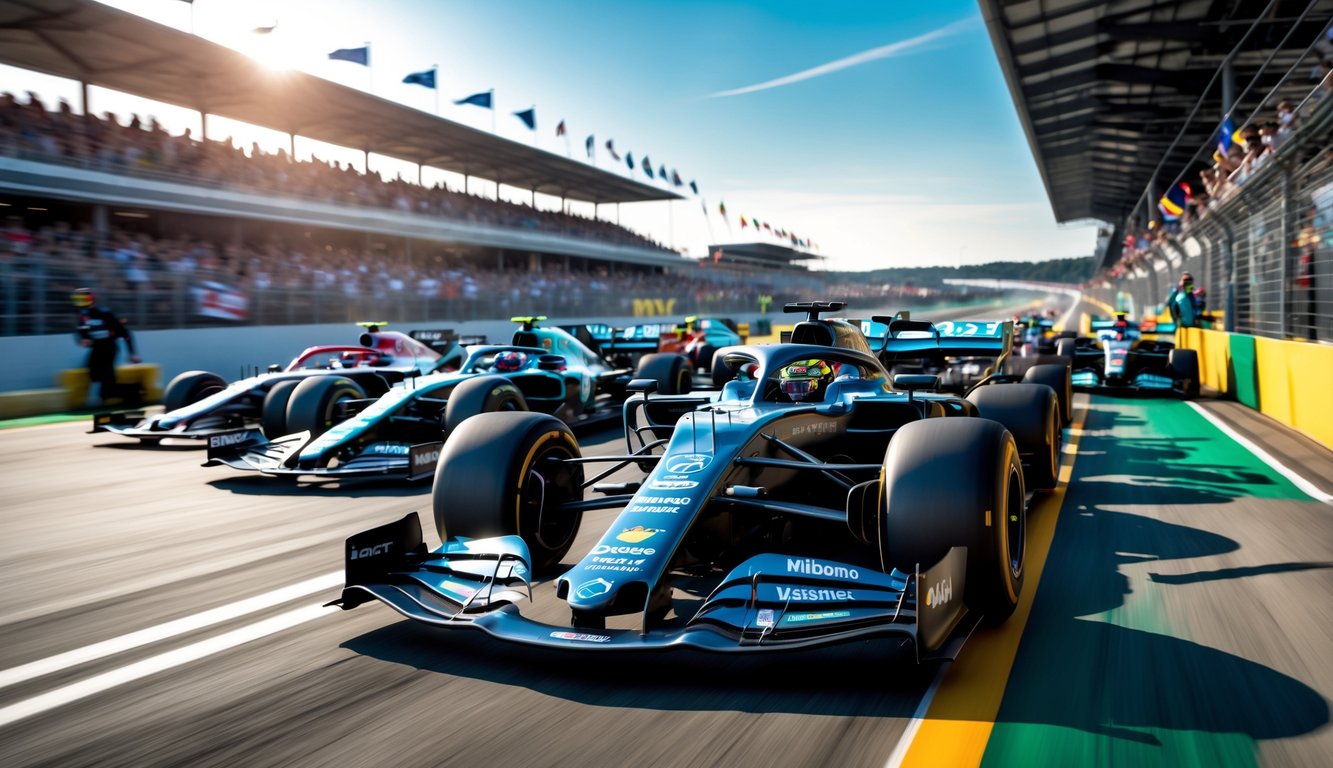 Beberapa mobil Formula 1 melaju kencang di lintasan balap dengan tribun penonton penuh dan langit cerah di latar belakang.