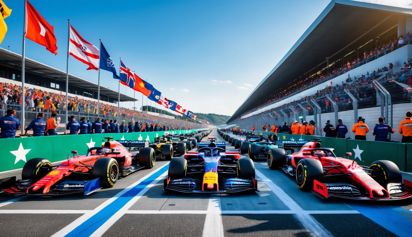 Beberapa mobil Formula 1 berwarna-warni berjajar di lintasan balap dengan penonton dan kru tim di latar belakang pada hari cerah.