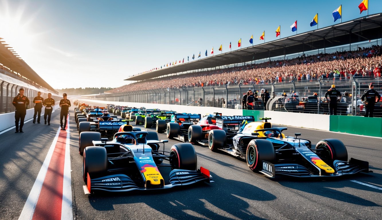 Deretan mobil Formula 1 terbaru musim 2026 di garis start dengan penonton di tribun dan tim yang bersiap di pinggir lintasan balap.