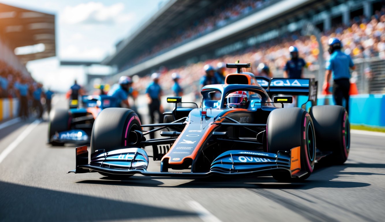 Mobil Formula 1 modern sedang melaju kencang di lintasan balap dengan penonton dan kru pit di latar belakang.