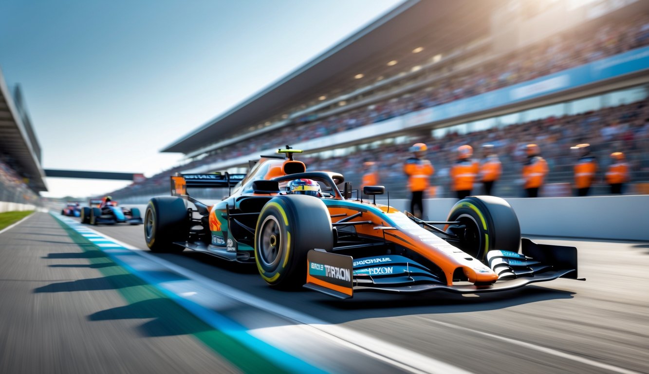 Mobil Formula 1 futuristik melaju cepat di lintasan balap dengan latar penonton dan kru tim yang sibuk.