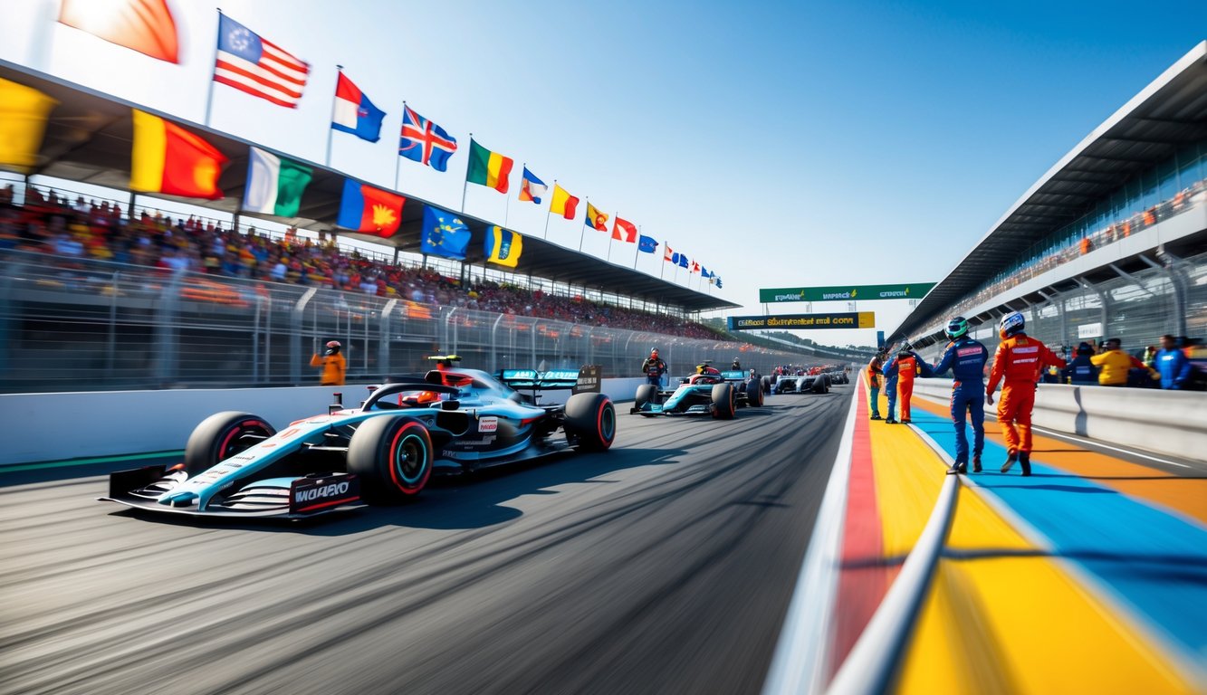 Mobil Formula 1 melaju kencang di lintasan balap dengan penonton dan kru pit tim di latar belakang.