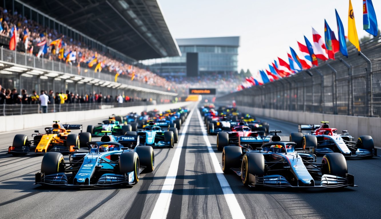 Pemandangan lintasan balap Formula 1 dengan mobil-mobil balap dari berbagai tim yang berjajar di garis start, penonton di tribun, dan kru tim yang bersiap di pit lane.