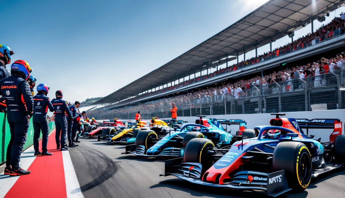 Beberapa mobil Formula 1 modern dari berbagai tim sedang berbaris di lintasan balap dengan para pembalap dan kru yang bersiap sebelum balapan, di depan tribun penonton yang ramai.