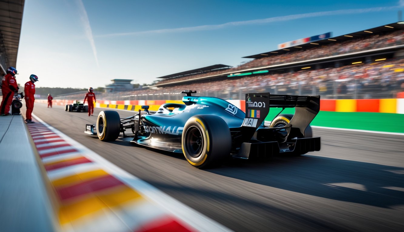 Mobil balap Formula 1 modern sedang melaju kencang di lintasan dengan kru pit dan penonton di latar belakang.