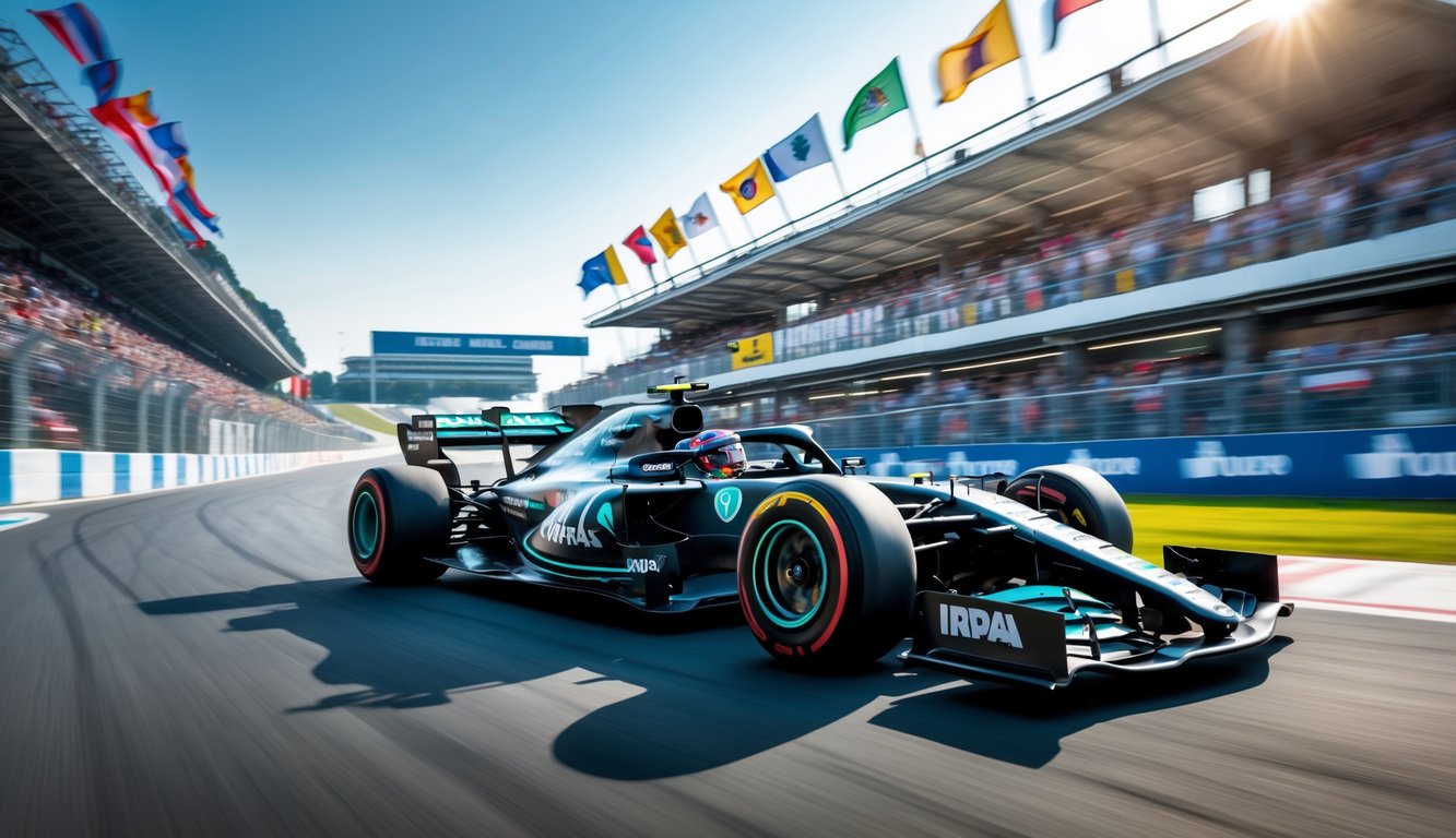 Mobil Formula 1 modern melaju cepat di lintasan balap dengan penonton di tribun dan garasi tim di latar belakang.