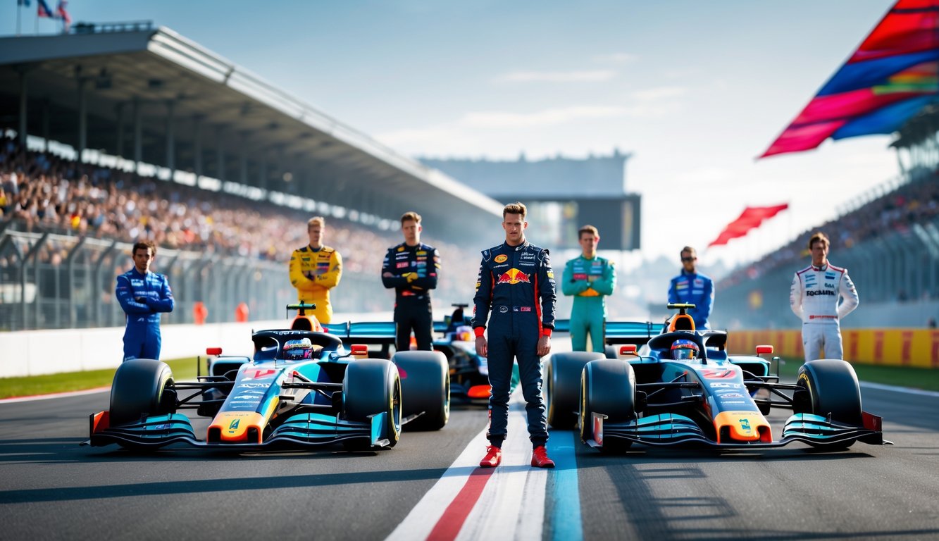 Sekelompok pembalap F1 berdiri di depan mobil balap mereka di lintasan dengan tribun penuh penonton di latar belakang.