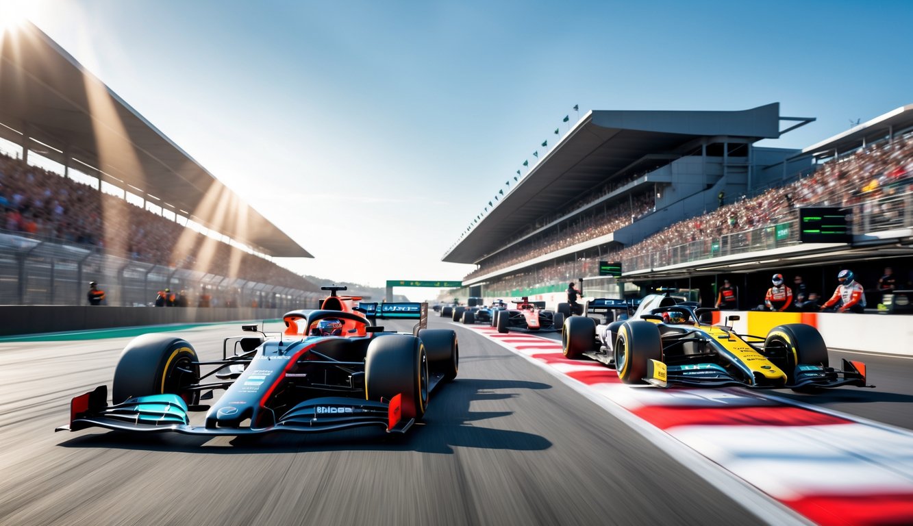 Adegan balapan Formula 1 dengan mobil-mobil futuristik melaju di lintasan balap yang modern, dikelilingi oleh penonton dan kru tim di pit stop.