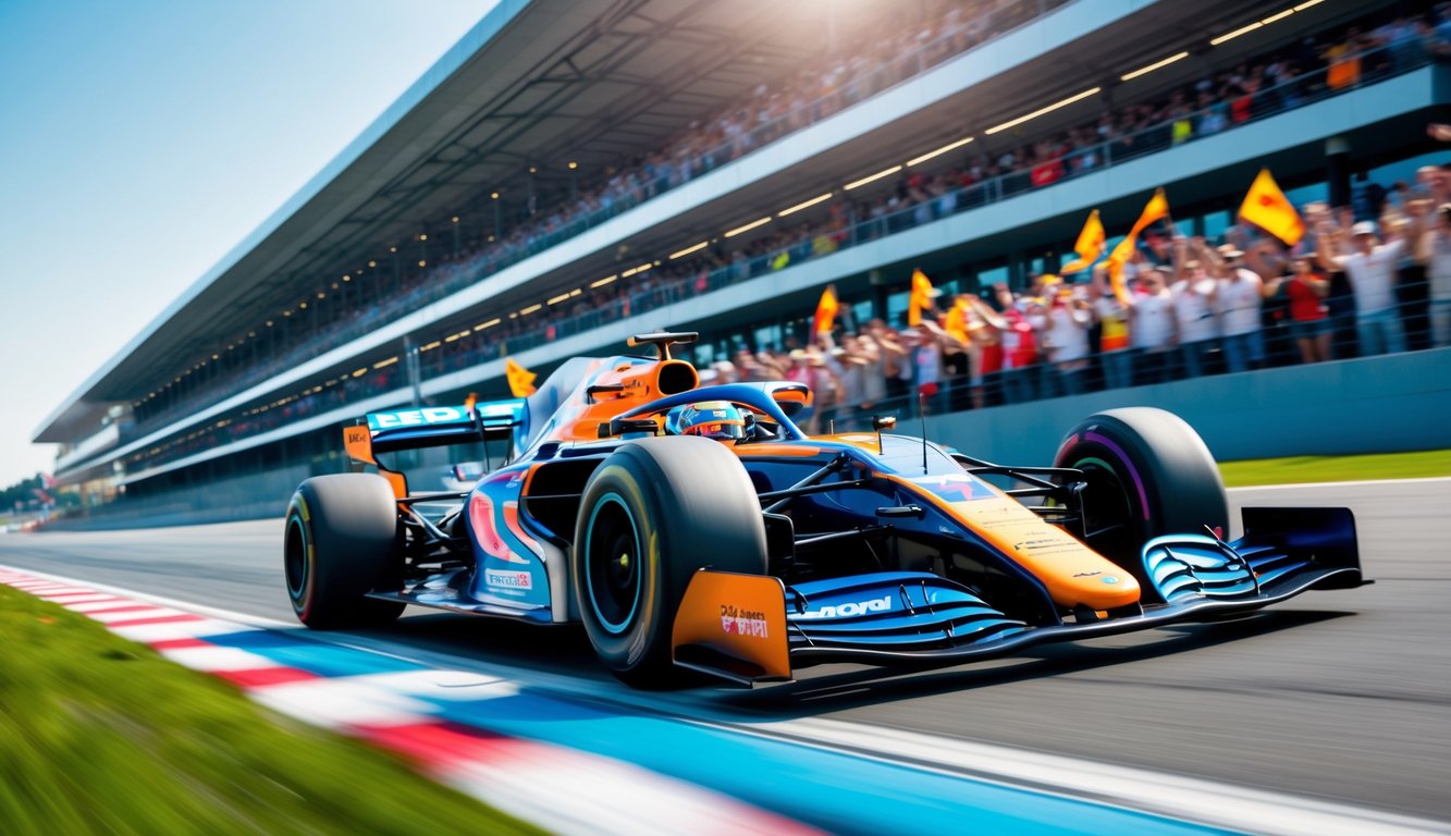 Mobil balap Formula 1 berkecepatan tinggi melaju di lintasan dengan penonton di tribun latar belakang.