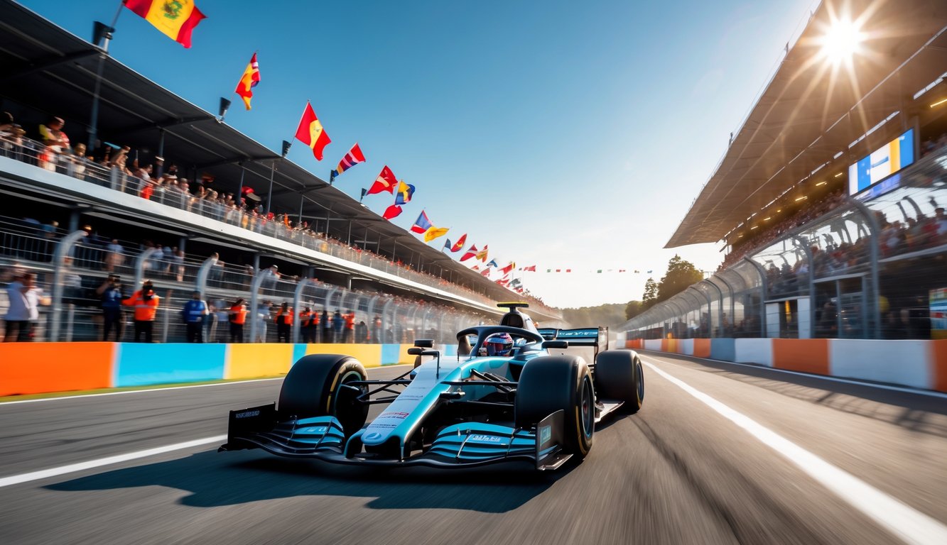 Mobil Formula 1 melaju cepat di lintasan balap dengan penonton dan garasi tim di latar belakang.