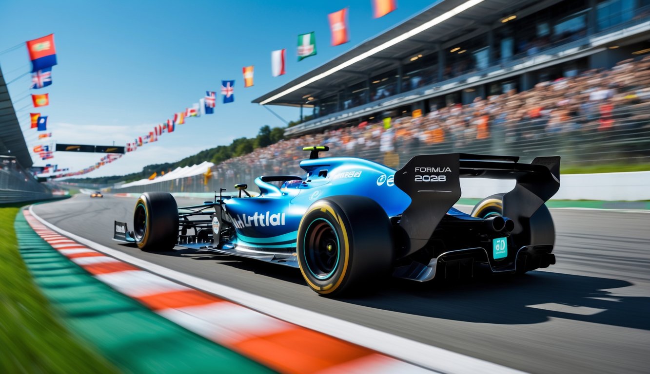 Mobil balap Formula 1 melaju kencang di lintasan dengan penonton di tribun yang bersorak di latar belakang.