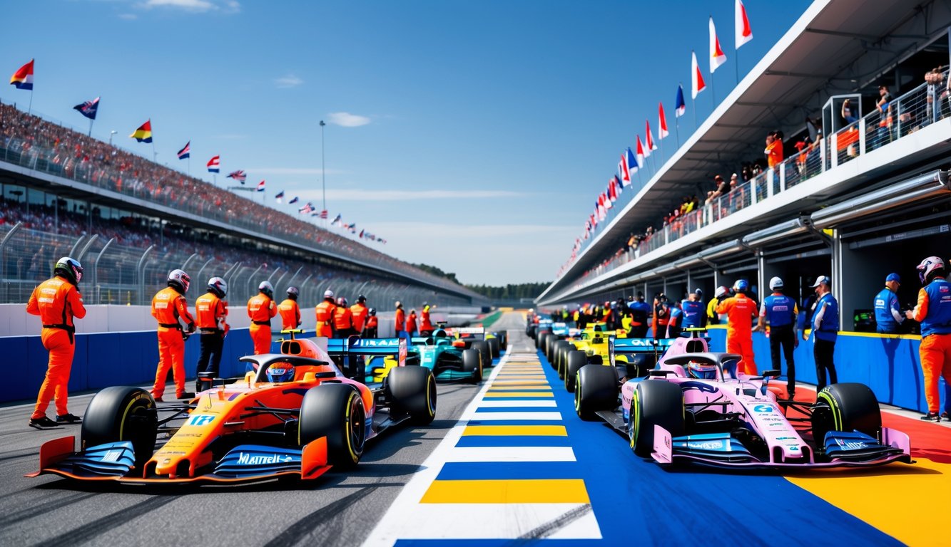 Beberapa mobil Formula 1 berwarna cerah berjajar di lintasan balap dengan pembalap mengenakan helm dan seragam balap, kru tim sedang bersiap di pit lane, dan penonton memenuhi tribun di bawah langit cerah.