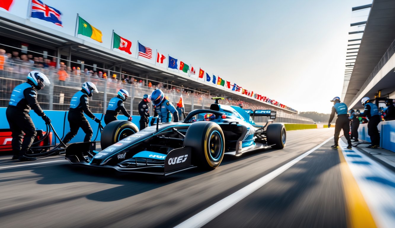 Mobil Formula 1 futuristik melaju cepat di lintasan dengan anggota tim di pit stop dan penonton di tribun.