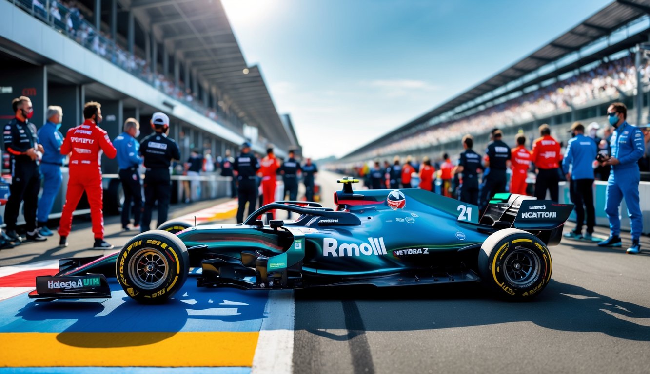Mobil Formula 1 modern sedang melaju di lintasan balap dengan pembalap dan anggota tim berdiskusi di pinggir pit lane.