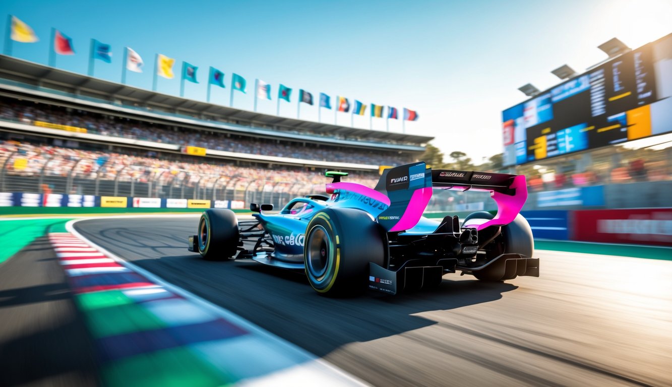 Mobil Formula 1 futuristik sedang melaju kencang di lintasan balap dengan tribun penuh penonton di latar belakang.