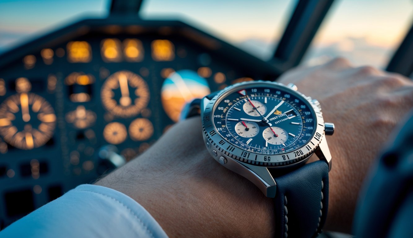 Jam tangan Breitling Navitimer dipakai di pergelangan tangan pilot dengan latar belakang kokpit pesawat.