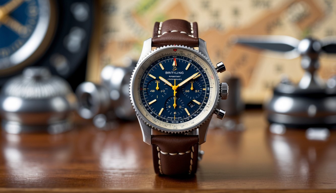 Jam tangan pilot Breitling Navitimer klasik dengan tali kulit coklat diletakkan di atas meja kayu dengan peta pilot dan instrumen penerbangan di latar belakang.