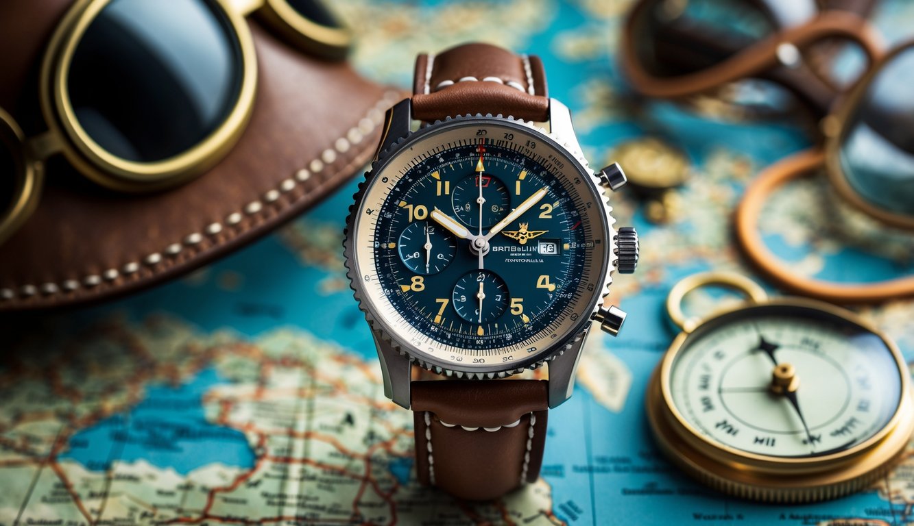 Jam tangan pilot Breitling Navitimer klasik diletakkan di atas peta penerbangan dengan helm pilot, kacamata aviator, dan kompas tua di sekitarnya.