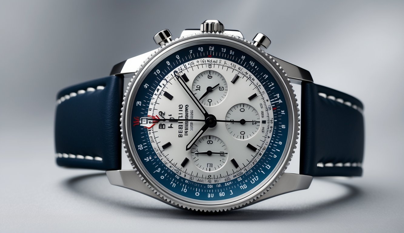 Foto jam tangan Breitling Navitimer dengan bezel slide rule untuk perhitungan navigasi udara, ditampilkan di latar belakang netral.