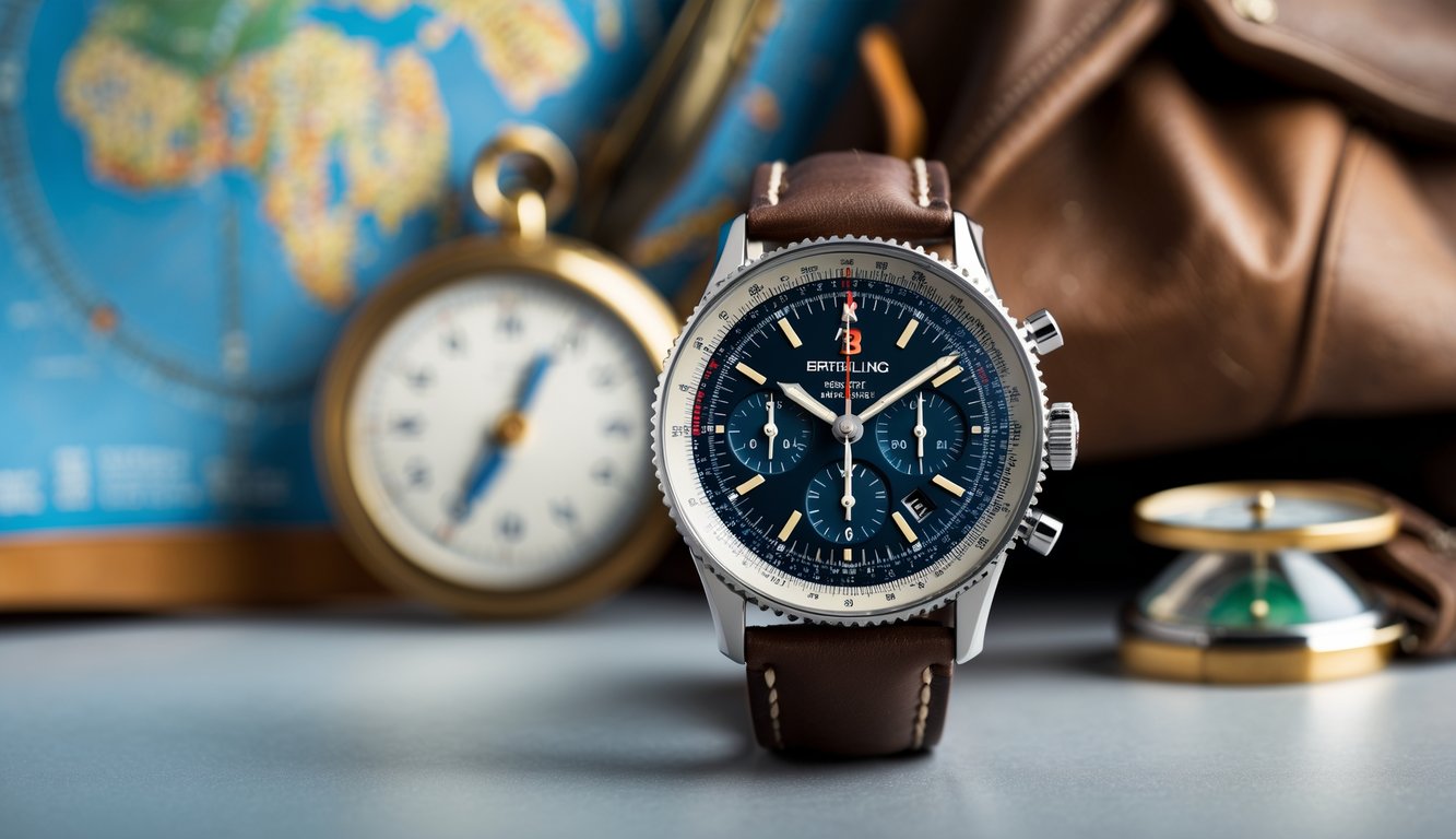 Foto jam tangan Breitling Navitimer dengan latar belakang peta penerbangan dan kompas.