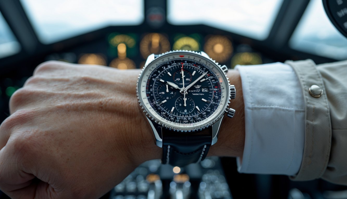 Jam tangan Breitling Navitimer dikenakan di pergelangan tangan pilot di dalam kokpit pesawat dengan instrumen penerbangan di latar belakang.