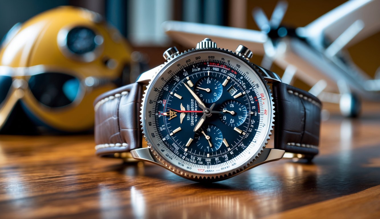 Jam tangan Breitling Navitimer diletakkan di atas permukaan kayu dengan latar belakang helm pilot, kacamata aviator, dan model pesawat.